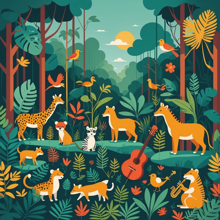 This composition evokes a playful journey through a vibrant jungle, filled with colorful animals and leafy canopies swaying in rhythm. The music mixes exotic instruments with child like melodies to create an atmosphere of adventure and wonder suitable for children's entertainment or educational content.