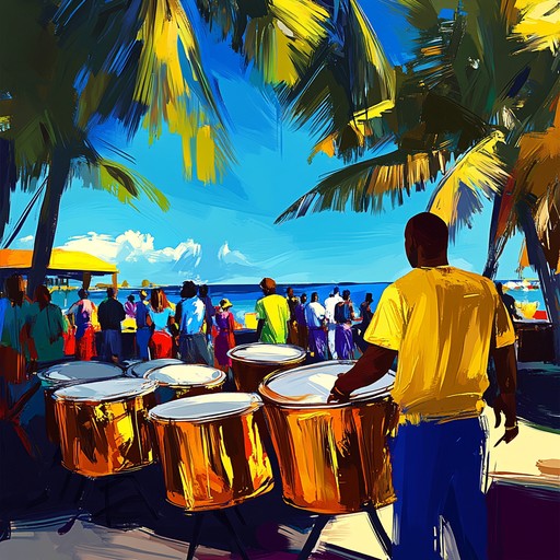 An upbeat fusion of caribbean rhythms and melodies featuring steel drums and percussion invoking the vibrant atmosphere of a tropical dance celebration.