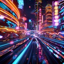 explosive, dynamic ride through neon lit futuristic cityscape.