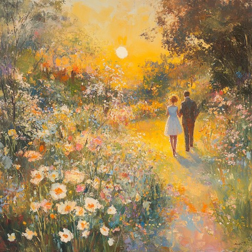 Imagine a serene garden bathed in golden sunlight, where lovers stroll hand in hand, surrounded by blooming flowers and the soft hum of nature. The music captures this tranquil moment, featuring gentle melodies and lush harmonies that evoke a sense of peace and contentment.