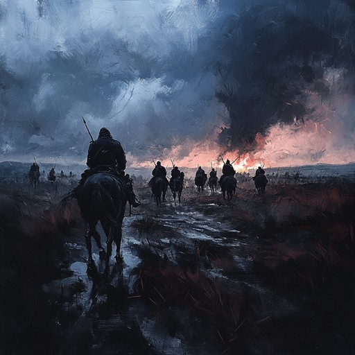 A blend of heavy, commanding drums with eerie orchestral accents, creating a vivid picture of an approaching war. Dense rhythms accompanied by foreboding brass and strings enhance the impending doom and tension, making it perfect for dramatic military scenes.