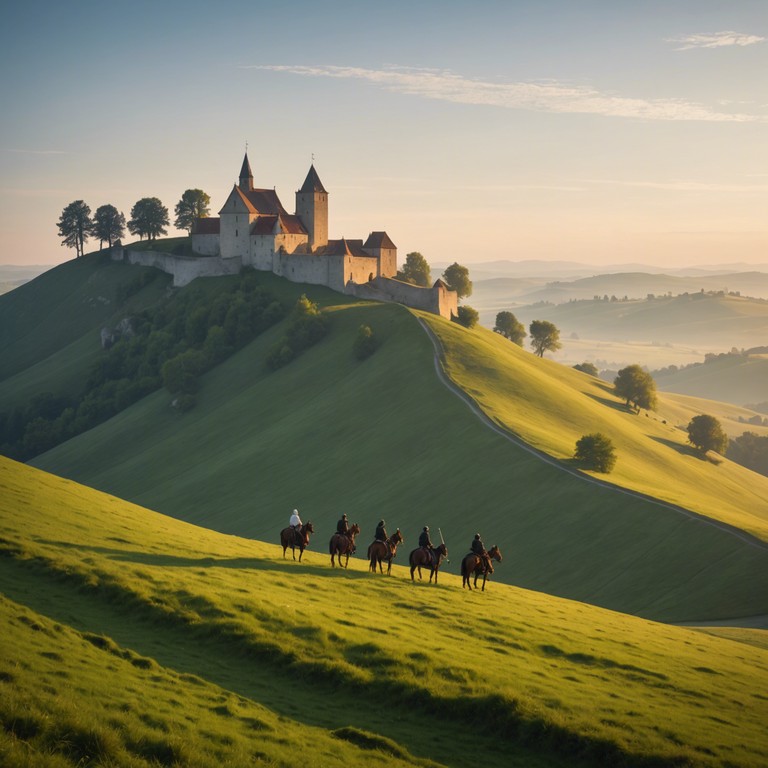 As dawn breaks over verdant slopes, a cheerful troupe of medieval musicians strums a gentle, inviting tune on their lutes, inspiring all who listen to embrace the day's potential with a hopeful heart. The music serenades the awakening nature, intertwining with the morning's tranquility.