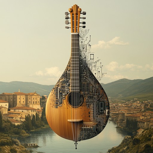 A creative instrumental jingle combining traditional renaissance lute sounds with contemporary techno rhythms, producing a sound that is both nostalgic and cutting edge, inspiring curiosity and excitement