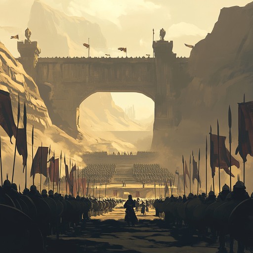 Transport listeners to a grand battlefield with an orchestral composition filled with dynamic crescendos, intense percussion, and heroic brass sections. Strings swell with anticipation as woodwinds paint a vivid picture of bravery and conflict, culminating in a thrilling climax.