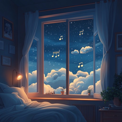 An instrumental piece combining soft acoustic guitar with toy like chimes, creating a dreamy atmosphere reminiscent of floating on clouds during a quiet night. Delicate layers evoke childlike wonder and serenity.