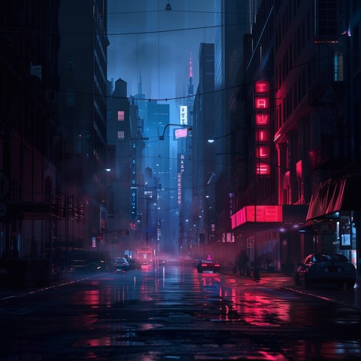 Underneath the dim lights, driving guitar and rhythmic drums craft suspense. Synths and bass add emotional depth, creating tension similar to navigating a shadowy cityscape. Dynamic shifts evoke a thrilling, introspective experience.