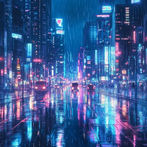 An instrumental piece blending soothing synth melodies with ambient cyberpunk atmospheres, taking the listener on a tranquil journey through a futuristic city bathed in neon lights and gentle rain