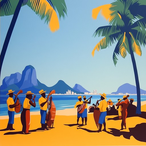 An instrumental fusion combining lively samba percussion with funky bass lines and grooves, capturing the vibrant atmosphere of brazil's famous beaches and a festive mood perfect for dancing.