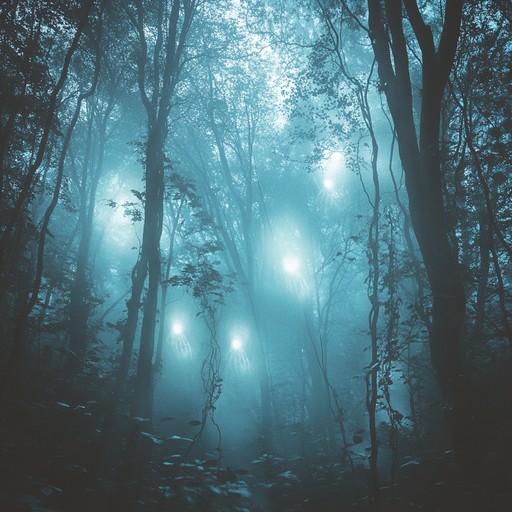 A haunting dark folk track featuring acoustic guitar and ambient drones, evoking eerie supernatural spirits lurking in a moonlit forest, full of mysterious whispers and spine chilling sounds.