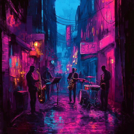 Swinging jazz tunes that capture the bustling energy of nighttime in the city, filled with electric saxophone solos and vibrant beats. This exhilarating piece takes you through the heart of an urban landscape under the sparkling city lights, delivering an electrifying musical experience.