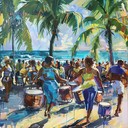 uplifting, rhythmic, vibrant, caribbean influenced energetic instrumental calypso fusion.