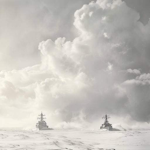 A haunting and chilling instrumental track, reflecting the shadowy and unyielding journey of a russian navy fleet, cutting through the frosty arctic waters, bracing for an unknown threat lying ahead.