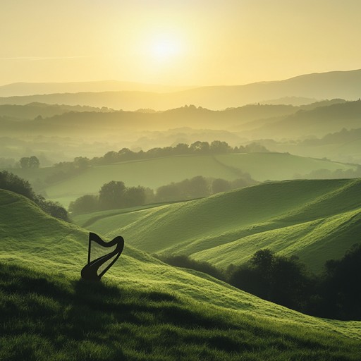 An instrumental celebratory ballad blending the enchanting sounds of celtic harps with the grandeur of orchestral strings, creating a vivid soundscape that evokes the joy of unity and shared celebration over the rolling emerald hills of ireland.