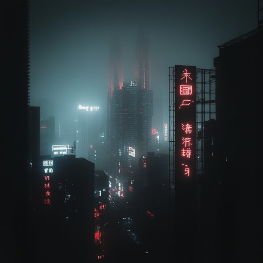 An auditory adventure through the eerie glow of a futuristic city, composed of pounding techno rhythms and unsettling industrial sounds. The anxiety is palpable, building with every beat, reflecting the edginess of the neon streaked urban expanse.