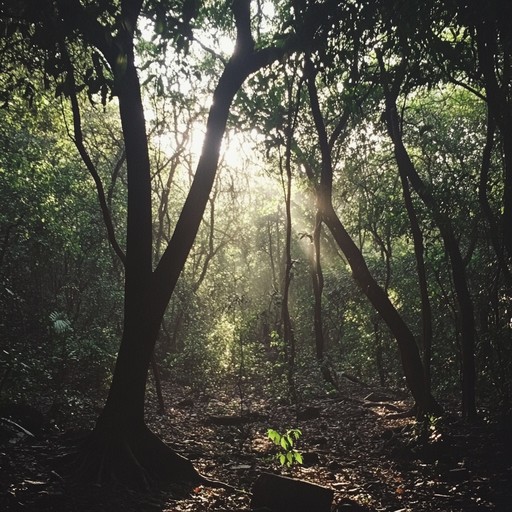 In this composition, gentle melodies on the flute intertwine seamlessly with the natural ambient sounds of a lush forest. The music captures the essence of a tranquil walk under towering trees, with light filtering through leaves, creating a peaceful, contemplative atmosphere.