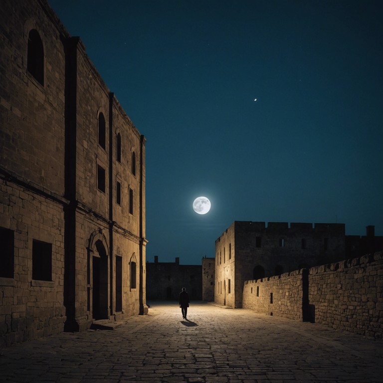 Imagine navigating the narrow, damp cobblestone streets of a sleeping city as the moon casts eerie shadows around you. This track encapsulates the solemn weight of nighttime whispers and hidden stories held by the dark corners of an ancient city. The music is slow and deliberate, featuring an electric piano that punctuates the silence like distant echoes off the walls, creating a haunting atmosphere. The rhythm is heavy and deliberate, pulling the listener into a deeper sense of introspection, mystery, and suspense, as if wandering through an old city's shadowy lanes that reveal secrets of the past under the cloak of night.