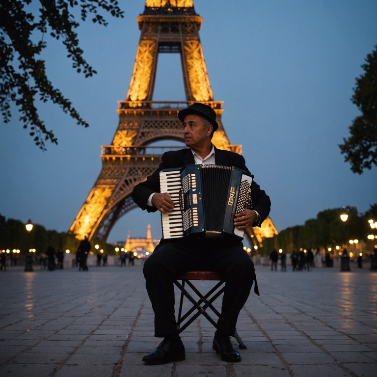 A composition capturing the essence of paris at dusk through delicate, ethereal harmonies intertwined with ambient city sounds, crafted to evoke a sense of mystery and romance. The music swirls like mist, with each note painting a brushstroke of the city’s twilight hues against the backdrop of a slowly twinkling eiffel tower.