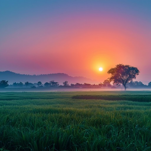 A lively hindustani classical composition capturing the exuberance of a summer morning, featuring dynamic tabla rhythms and heartwarming sitar melodies. Reflecting the vibrant colors and energy of an indian dawn, the piece conveys joy and positivity.