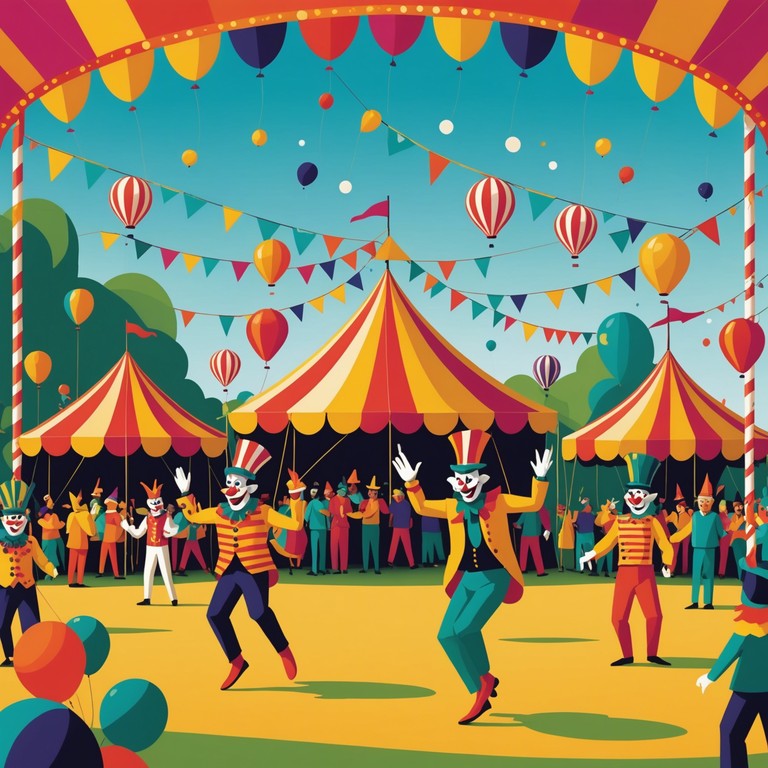 Imagine musical notes bouncing like jesters in a colorful fair, providing a soundtrack that’s both wildly fun and ingeniously chaotic, crafted to evoke laughter and playful dancing under a whimsical sky.