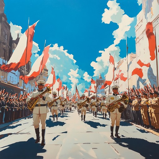 An energetic, celebratory military band piece filled with the triumphant sounds of brass and percussion, invoking scenes of a victorious parade. Resonating with the vigor and pride inherent in military traditions, it paints a picture of marching soldiers and waving flags under a joyous sky. The perfect soundtrack to scenes of glory and unity, it propels the listener into the heart of a grand festivity commemorating bravery and success.