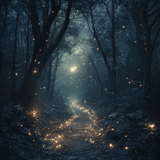 Dive into the heart of a forest bathed in moonlight, where glitter sparkles and celestial sounds guide you through a landscape of enchantment and mystery.