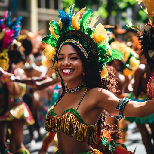 A vibrant fusion of afro cuban rhythms with festive carnival energy, featuring lively percussion, triumphant brass sections, and colorful melodies that create an atmosphere of joyful celebration and dance.