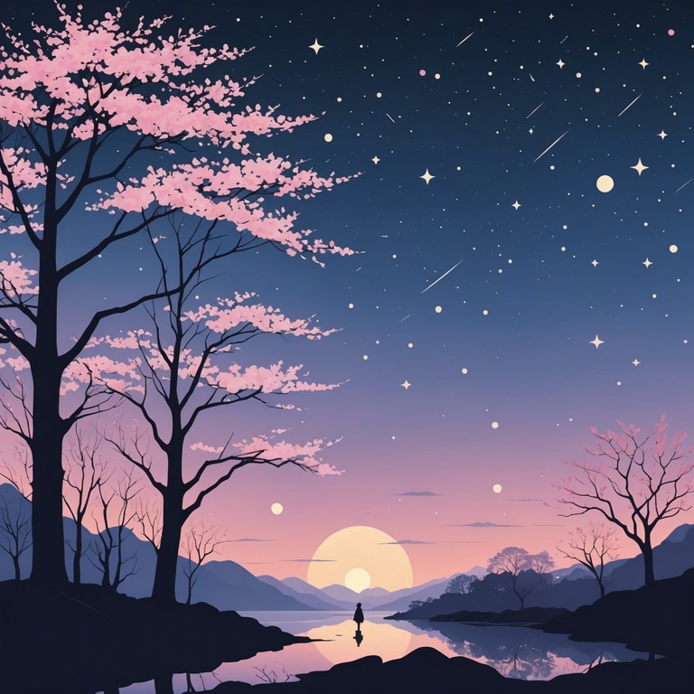 Close your eyes and picture being under the blooming sakura trees as twilight descends, with stars beginning to sparkle in the sky. The delicate strumming of the koto complements the whisper of the breeze, offering a moment of calm and introspection amidst the urban landscape.