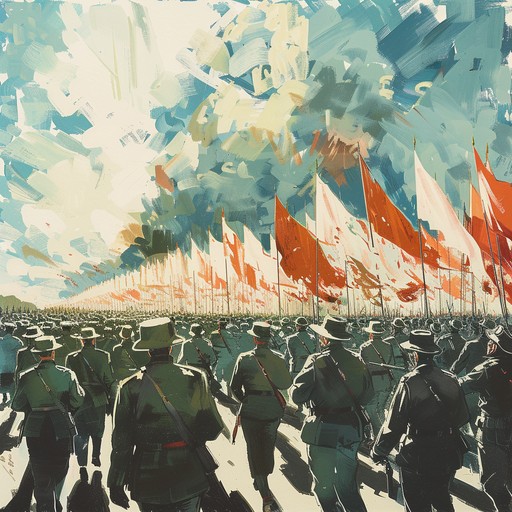 This composition features rising, powerful orchestral movements intended to evoke the spirit of heroism and unity typically found in military parades or significant national events. Imagine scenes of troops returning home victorious, flags waving triumphantly as a nation celebrates its resilience and strength.