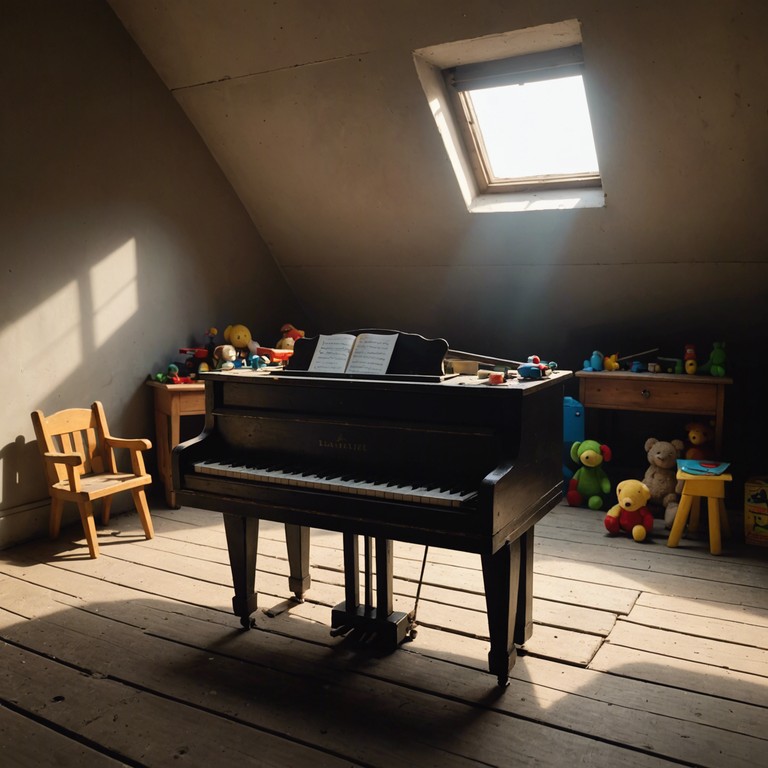 This track embraces the nostalgic sounds of forgotten childhood, intertwining playful toy instrumentals with deep, poignant undertones to evoke a haunting yet comforting aura. It symbolizes the joy and sadness intertwined in memories, captured through the lens of a toy piano playing in a forgotten attic.