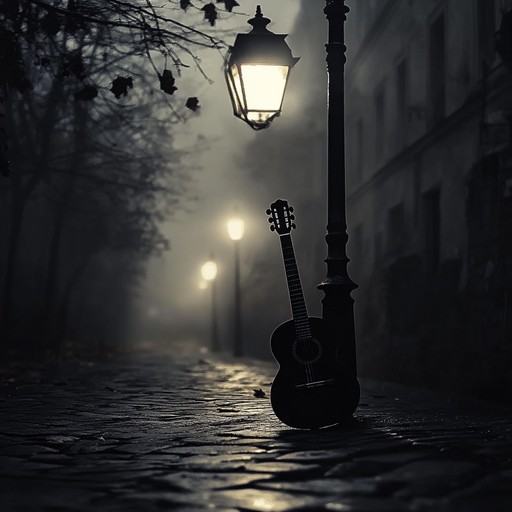 A sinister, captivating blues tune with a brooding essence. The electric guitar sings with a dark, melancholic soul, mingling with subtle background whispers. The ambiance is tense and mysterious, perfect for evoking images of shadowy midnight streets and unseen dangers, creating an unsettling and suspenseful atmosphere