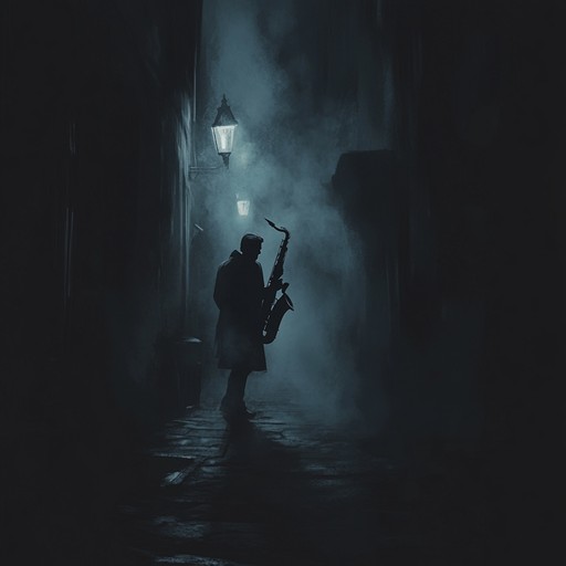 In a dusky alley, as the city sleeps, slow, shadowy tones of a saxophone echo with an intimate yet haunting timbre, subtly blending into the subdued, mellow thumps of a distant beat, crafting an eerie, noir soundscape resonating with the mysteries of the night.