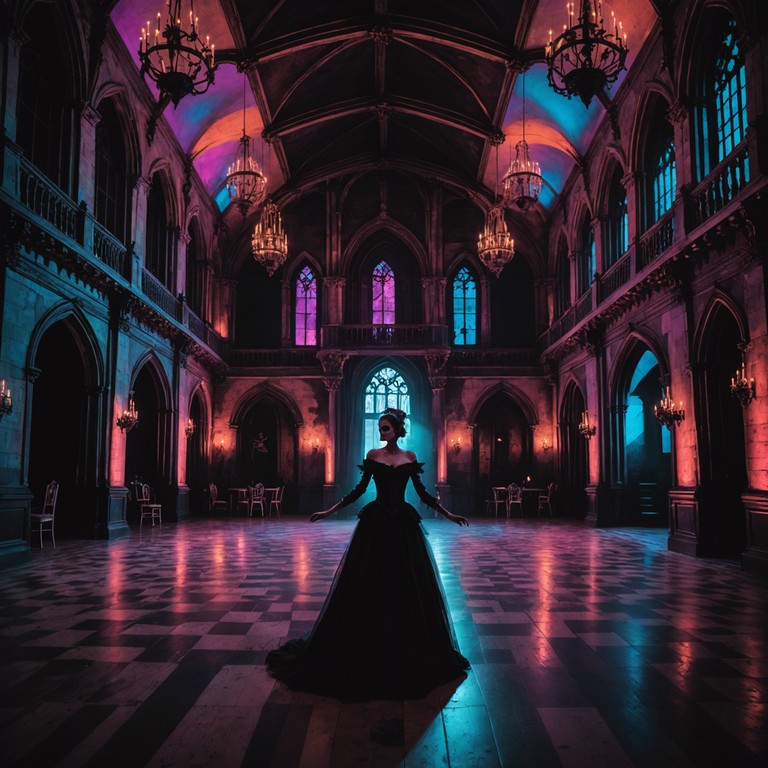 In a parallel universe, a gothic castle hosts nightly gatherings where the undead come to life, swaying to the rhythms of funk music played on a prominent bass guitar, celebrating the darkness with an unexpected twist of vivaciousness.