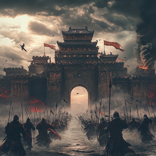 An aggressive and powerful orchestral composition that captures the furious charge of warriors storming a fortress, filled with dramatic strings, bold brass, and thunderous percussion.