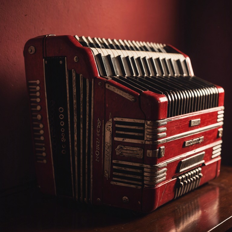 An alternative perspective focusing on the darker emotions conveyed by the accordion's deep bellows, drawing listeners into a world where secrets and elegance dance under soft scarlet lighting.