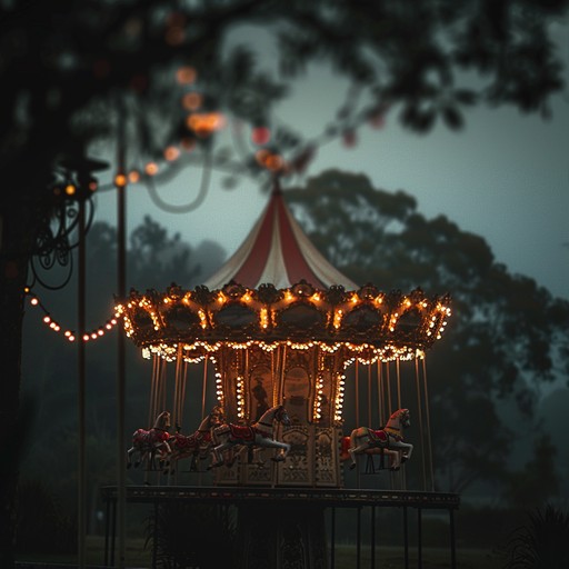 A dynamic dark cabaret track with a whimsical, playful essence mixed with hints of eerie undertones. The composition features a vintage carnival feel that contrasts upbeat melodies with haunting motifs, creating a captivating fantastical atmosphere.