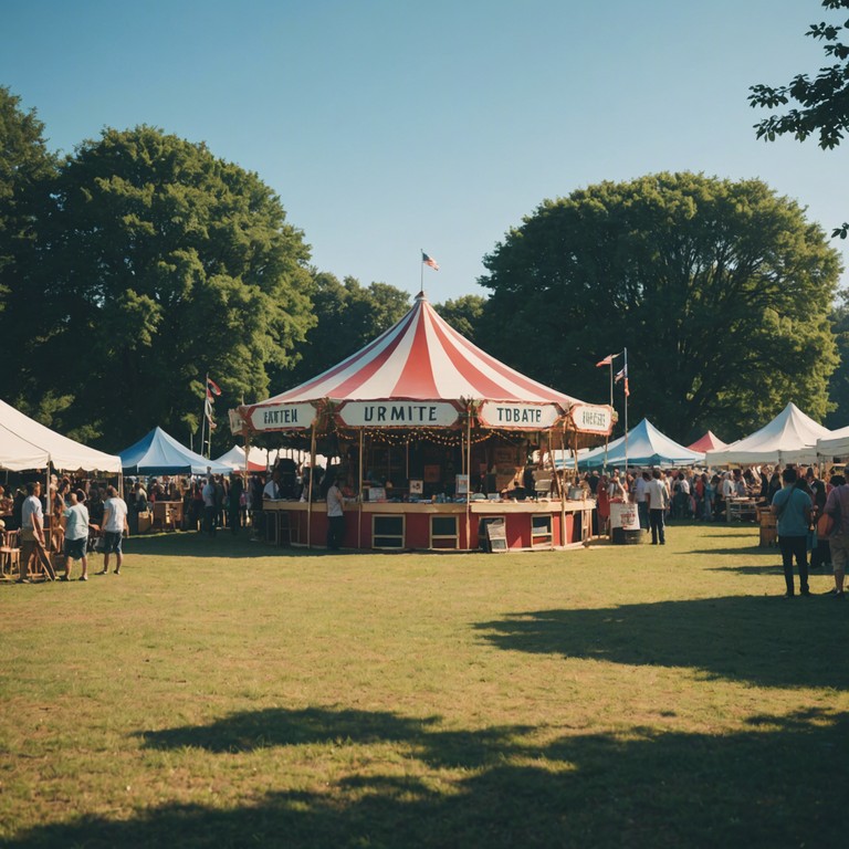 Imagine a festive gathering under the bright morning sun with high energetic strings playing, where the air is filled with the scent of fresh grass and the sound of lively laughter, epitomizing the essence of a perfect bluegrass fiesta.