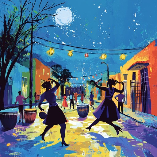 An upbeat instrumental rumba song combining vibrant percussion, spirited melodies, and energetic rhythms to evoke a lively cuban street party under the night sky