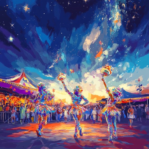 Step into a starlit carnival where samba beats and psychedelic space sounds merge, creating a scene of vibrant colors and joyous dance.