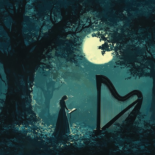 A calming instrumental piece featuring enchanting harp melodies intertwined with dark ambient forest noises, capturing the essence of a moonlit enchanted woods.