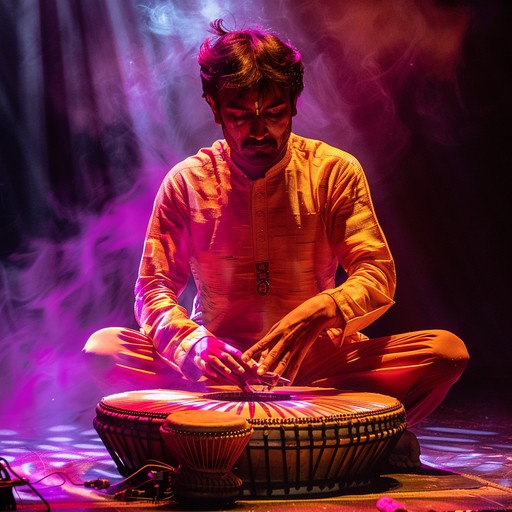 An instrumental track blending the rhythmic complexities of hindustani classical tabla with modern electronic dance music, creating a high energy fusion that evokes movement and excitement. Complex tabla solos intertwine with pulsating synth lines and bass. Perfect for dance floors or invigorating listening experiences