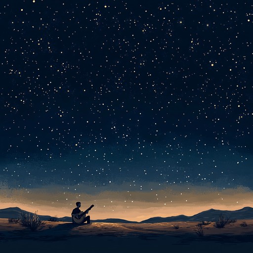 An evocative acoustic guitar piece that captures the essence of a lonely wanderer reflecting under a vast, star studded desert sky. The music is rich in reverberating tones that echo the expansive nature of the desert, intertwining with the soft whistle of the night wind.