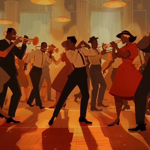 An invigorating blend of swinging dance beats led by bold brass sections and dynamic percussion, capturing the lively essence of a bustling 1940s dancehall. The tempo bounces with energy, encouraging joyful footwork and spontaneous laughter.