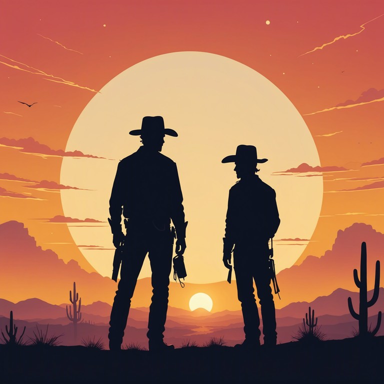 This track embodies the tension of an early morning western duel with sizzling electric guitar riffs and a fast paced tempo, capturing the essence of grit, tension, and impending confrontation typical of classic western showdowns. The piece utilizes a powerful electric guitar to create a sound that is both aggressive and thematically resonant with the imagery of a dusty, sunlit old town where two cowboys face off.