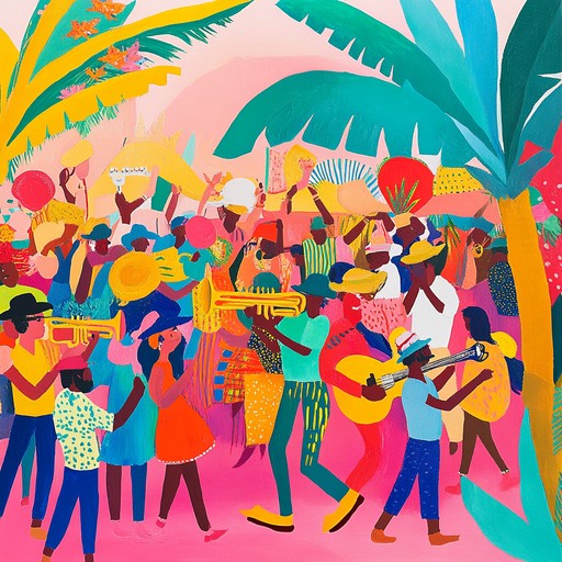 An exuberant celebration merging latin, african, and caribbean influences, creating an energetic atmosphere perfect for dance and jubilation. Bright brass sections combine with dynamic percussion and rhythmic guitars, inspiring movement and joy among listeners.