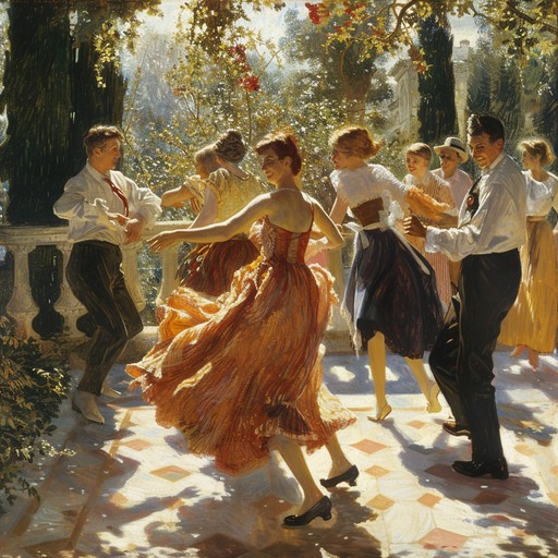 A bright harpsichord melody leads a joyful ensemble of strings, painting the picture of a cheerful garden party full of laughter and dancing.