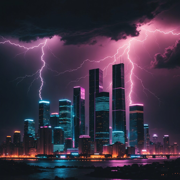 Embark on a powerful aural journey characterized by towering surges of synth and cascading electronic melodies, set against the backdrop of a futuristic city caught in an everlasting storm.