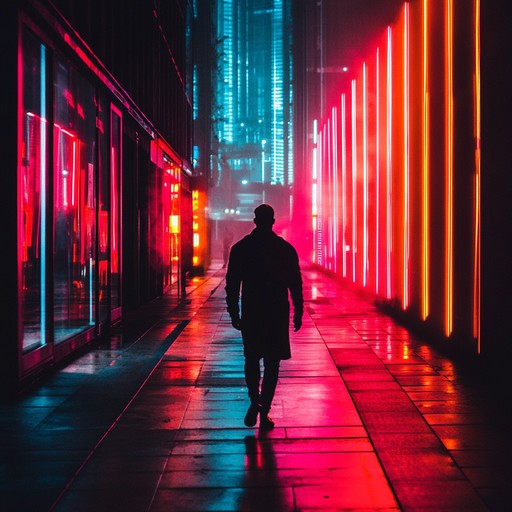 An ambient synthwave track capturing the essence of loneliness in a futuristic city. The melody is both reflective and chilling, set against a backdrop of neon lights flickering in the rain soaked streets.