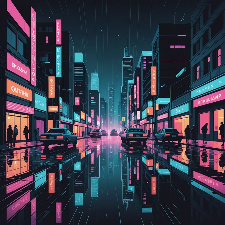 A track where gritty urban streets meet the luminescent glow of future cityscapes, encapsulating a gritty, underground vibe with pulsating electropop rhythms. Focused primarily on dense electronic layers that create a vivid auditory cityscape.