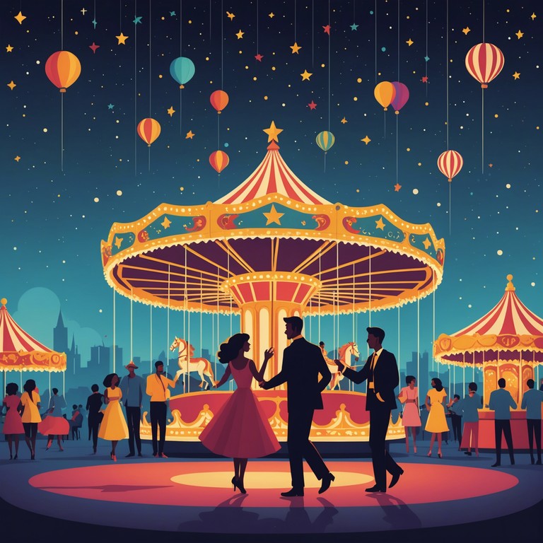 The music captures the enchanting atmosphere of a bustling carnival where hearts connect and romance blossoms under twinkling lights. A delicate accordion plays a waltz that swirls around the joyful laughter and the clinking sounds of the fair, bringing a touch of old world charm to a scene filled with modern day lovers.