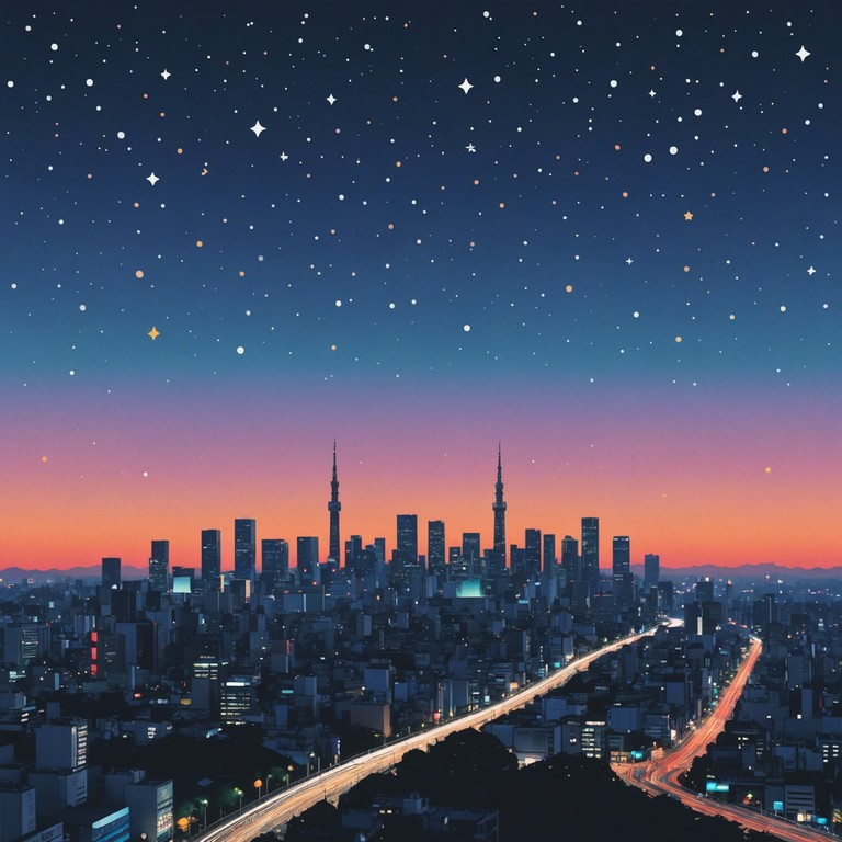 This track encapsulates a perfect blend of j pop nuances with a dreamy soundscape forming an ethereal yet upbeat soundtrack. The music takes you on a journey through tokyo's cityscape with layers of melodic synths and a touch of magic emitted through its electronic harmonies, aiming to evoke feelings of awe and inspiration as if one is wandering through urban marvels under a starry sky.